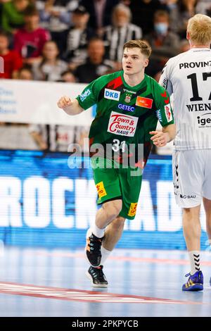 Kiel, Germania. 09th Apr, 2023. Pallamano: Bundesliga, THW Kiel - SC Magdeburg, giorno 26, Wunderino Arena. Il Kay Smits di Magdeburg festeggia dopo aver segnato un gol. Credit: Frank Molter/dpa/Alamy Live News Foto Stock