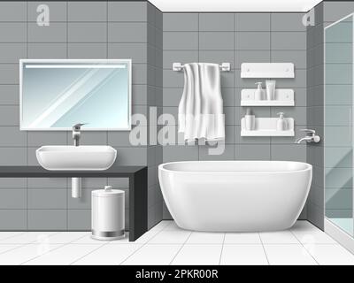 Interni realistici del bagno. 3d minimal wet room design, piastrelle in ceramica, lavabo e vasca in porcellana bianca, specchio a parete, wc clean icone isolate Illustrazione Vettoriale