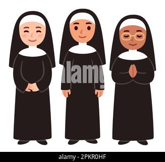 Carino cartone animato monache cristiane, insegnanti di scuola cattolica. Semplice illustrazione vettoriale. Illustrazione Vettoriale