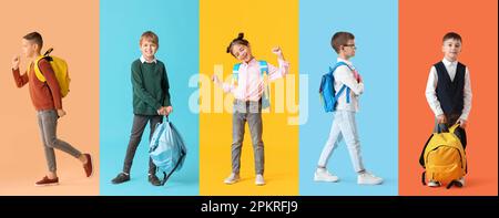 Collage di bambini piccoli della scuola su sfondo di colore. Fine della scuola Foto Stock