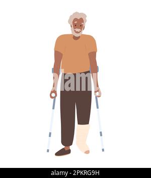 Vecchio uomo nero con stampelle e piede intonacato Illustrazione Vettoriale