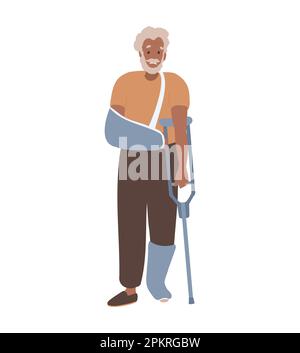 Vecchio uomo nero con stampelle e piede intonacato Illustrazione Vettoriale