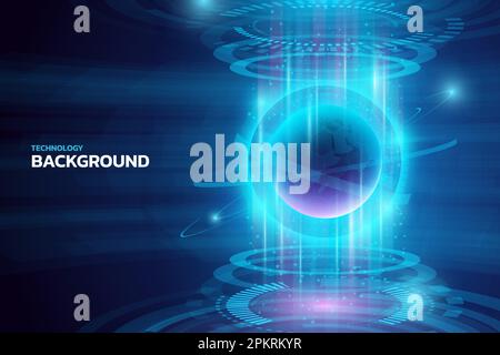 Tecnologia digitale di base. Ologramma scientifico della Terra. Comunicazione in tutto il mondo. Linee circolari in VR. Dati HUD futuri. Mappa globale della tecnologia. Sfera del mondo incandescente al neon. Interfaccia vettoriale moderna Illustrazione Vettoriale