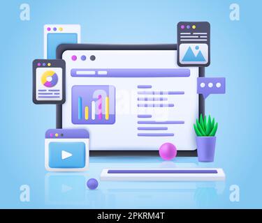 Immagine 3D. Progettazione UI UX. Creazione di siti Web. Schermo Web per sviluppatori di computer. Interfaccia software moderna. Rendering delle applicazioni digitali. Servizio Internet. Sviluppo della programmazione. Concetto di mobile vettoriale Illustrazione Vettoriale