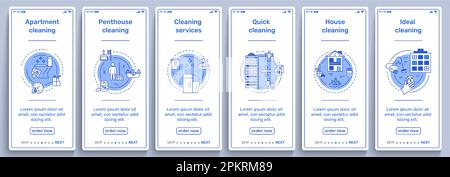 Icone del servizio di pulizia. App commerciale. Pulire l'infografica mobile. Agenzia residenziale. Schermo dello smartphone. Interfaccia dell'applicazione di manutenzione. Servizio di lavanderia o aspirapolvere per la casa. Set di banner vettoriali Illustrazione Vettoriale