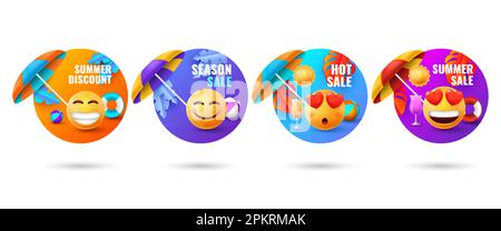 Carte emoji estive, volti sorridenti. Palle divertenti in vacanza con succo di frutta e ombrellone, 3D volantini per lo shopping. Adesivi per gli sconti stagionali, primavera, autunno e inverno. Illustrazione del cartoon vettoriale del carattere sorridente Illustrazione Vettoriale