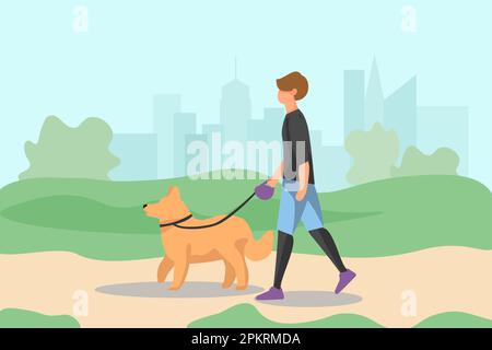 Poster di famiglia sano. Uomo che cammina nel parco cittadino con il cane. Cucciolo con proprietario all'aperto insieme, attività con amico a quattro zampe, animali domestici cura cartone animato stile piatto caratteri isolati, vettore semplice concetto Illustrazione Vettoriale