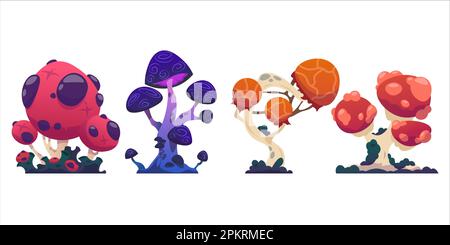 Set di funghi fantasia. Spazio alieno fungo inusuale, ingrediente psichedelico per pozione magica mago, botanica pazzo, flora natura mistica, cartone animato piano gradiente elementi isolati. Illustrazione vettoriale Illustrazione Vettoriale
