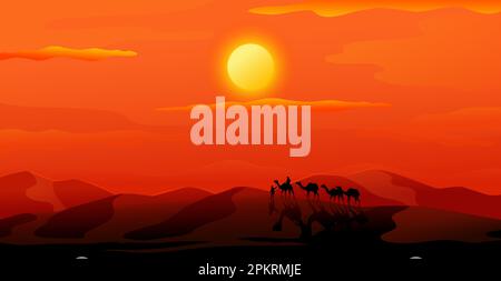 Dune del Sahara. India deserto tramonto. Scenario del Marocco. Silhouette egiziane o indiane. Africa viaggio paesaggio. Caravan viaggio in cammelli. Panorama serale. Colline di sabbia. Cielo rosso. Immagine vettoriale Illustrazione Vettoriale