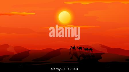 Dune del Sahara. India deserto tramonto. Scenario del Marocco. Silhouette egiziane o indiane. Africa viaggio paesaggio. Caravan viaggio in cammelli. Panorami serali Illustrazione Vettoriale