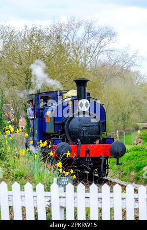 Il motore a vapore vintage si avvicina alla stazione di Tenterden, sulla linea ferroviaria Kent & East Sussex, Kent, Regno Unito Foto Stock