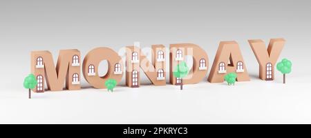 3D Cyber Monday scritto da piccole case su sfondo grigio. Concetto promozionale di vendita. illustrazione di rendering 3d Foto Stock