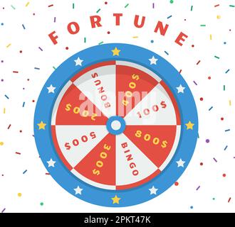 Poster con logo della ruota Fortune. Casino ruote in caduta di confetti, gioco d'azzardo elementi grafici online. Spin fortunato, sfondo vettoriale decent gioco astratto Illustrazione Vettoriale