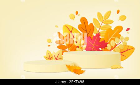 Autunno lascia 3D podio vuoto sfondo. Autunno benvenuto, banner decorativo trendy in vendita, giorno di ringraziamento o raccolto, pithy modello vettoriale Illustrazione Vettoriale