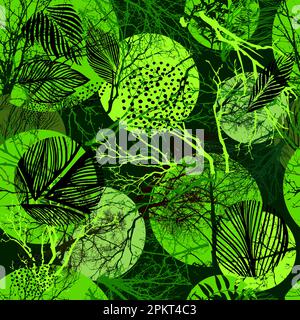 Green Jungle motivo geometrico senza giunture. Pianta esotica. Motivo tropicale, foglie di palma senza cuciture vettore sfondo floreale. Illustrazione Vettoriale