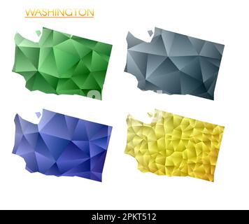 Insieme di mappe poligonali vettoriali di Washington. Mappa gradiente luminoso dello stato US in stile poly basso. Mappa di Washington multicolore in stile geometrico per il vostro Illustrazione Vettoriale