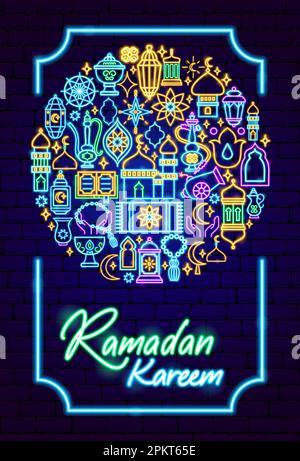 Poster Ramadan Kareem Holiday Neon Illustrazione Vettoriale