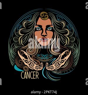 Cancro segno zodiaco bella ragazza mano disegnata arte Illustrazione Vettoriale