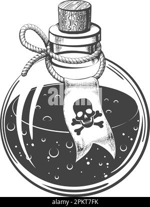 Bottiglia di veleno monocromatica disegnata in stile incisione isolata su sfondo bianco. Illustrazione vettoriale. Illustrazione Vettoriale