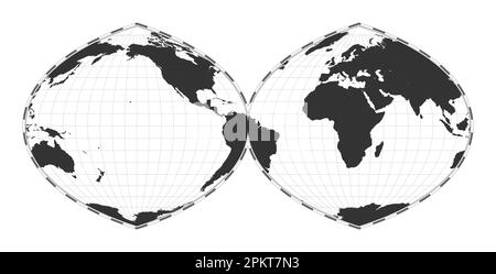 Mappa vettoriale del mondo. Proiezione autenticale quartic interrotta in due emisferi. Mappa geografica del mondo pianeggiante con linee di latitudine e longitudine. Illustrazione Vettoriale