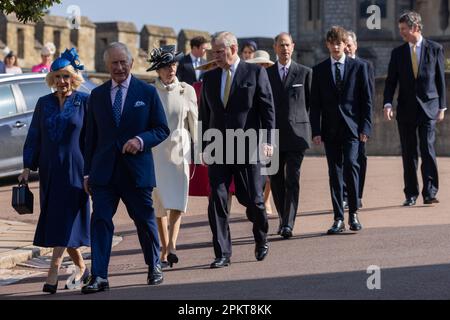 Windsor, Regno Unito. 9th aprile 2023. Re Carlo III arriva con Camilla, la Regina Consort, la Principessa Anna, la Principessa reale, il Principe Andrea, Duke of York, Prince Edward, Duke of Edinburgh e altri membri della famiglia reale per assistere al servizio della chiesa della domenica di Pasqua presso la cappella di St George nel Castello di Windsor. La Domenica di Pasqua è il punto focale delle celebrazioni pasquali della Famiglia reale e questa sarà la prima senza la Regina Elisabetta II Credit: Notizie dal vivo di Mark Kerrison/Alamy Foto Stock