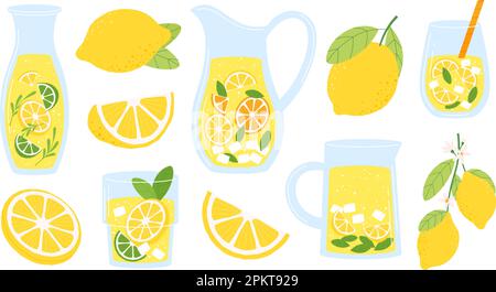 Limonata di cartone e limoni in bottiglia e vaso. Acqua con menta e fetta di limone. Succo in vetro e caraffa, bevande fresche estive racy set Illustrazione Vettoriale