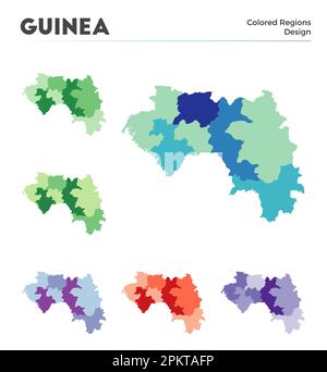 Collezione di carte della Guinea. Confini della Guinea per la vostra infografica. Regioni di paese colorate. Illustrazione vettoriale. Illustrazione Vettoriale
