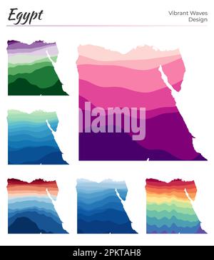 Set di mappe vettoriali dell'Egitto. Design a onde vibranti. Mappa luminosa del paese in stile geometrico con curve lisce. Mappa Egitto multicolore per il tuo progetto. Tappo Illustrazione Vettoriale