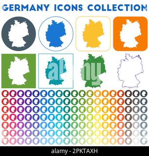 Collezione icone Germania. Icone luminose e colorate alla moda. Badge Germania moderna con mappa del paese. Illustrazione vettoriale. Illustrazione Vettoriale