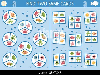 Trova due stesse carte con gli animali d'acqua. Attività di abbinamento sotto il mare per bambini. Foglio di lavoro dei quiz educativi per i bambini per le abilità di attenzione. Semplice Illustrazione Vettoriale