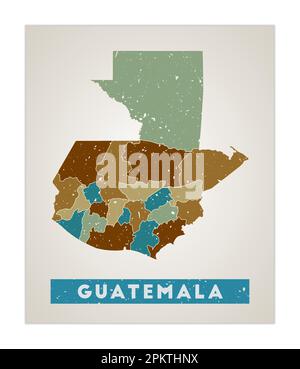 Mappa del Guatemala. Poster del paese con le regioni. Vecchio grunge texture. Forma del Guatemala con il nome del paese. Autentica illustrazione vettoriale. Illustrazione Vettoriale