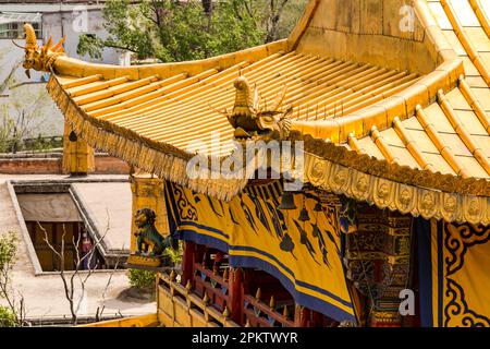 Draghi e altre figure sul tetto dorato presso la splendida pagoda nel monastero tibetano Ta'er, Cina Foto Stock