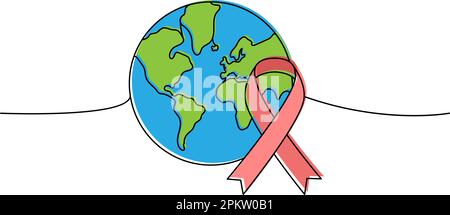 Terra con nastro di aiuto di cancro colorato una linea disegno continuo. Mappa del mondo silhouette continua una linea illustrazione colorata. Illustrazione Vettoriale