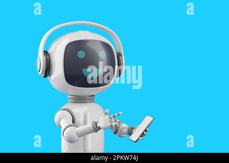 Amichevole stile cartone animato chat robot con telefono cellulare. illustrazione 3d. Foto Stock