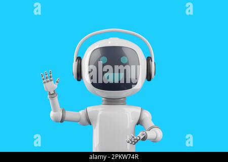 Amichevole stile cartone animato chat robot che sventola ciao. illustrazione 3d. Foto Stock