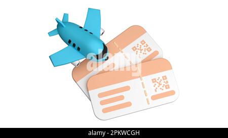 Preparativi per un viaggio felice via. Aereo, biglietto, bagaglio, passaporto, ecc. 3D rendering Foto Stock