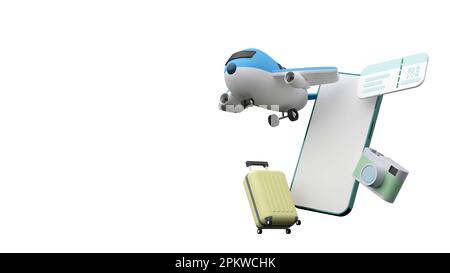 Preparativi per un viaggio felice via. Aereo, biglietto, bagaglio, passaporto, ecc. 3D rendering Foto Stock
