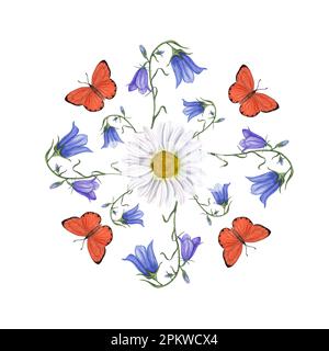 Acquerello illustrazione di campanula, margherita e farfalle isolato su sfondo bianco. Perfetto come modello per diverse carte, modelli Foto Stock