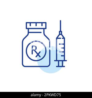 Prescrizione iniezione farmaco. Medicinale in flacone e siringa. Icona della linea di tratto modificabile pixel Perfect Illustrazione Vettoriale