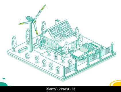 Smart House isometrica con pannelli solari, turbine eoliche e trasformatore elettrico. Generazione di energia verde. Stile di vita rinnovabile sostenibile. Illustrazione Vettoriale
