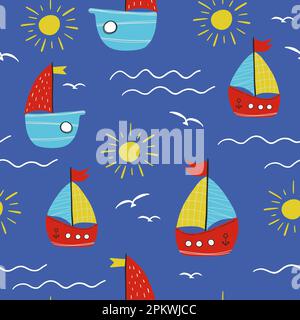 Colore vettoriale disegnato a mano senza cuciture ripetizione modello infantile semplice con graziose navi in stile scandinavo su sfondo blu. Illustrazione Vettoriale