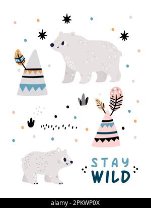 Carta degli animali del Nord. Cartoon orso bianco e teepee indiano. Mammifero polare selvatico. wigwam tribale settentrionale. Natura artica. Vacanze invernali. Cartolina di Natale Illustrazione Vettoriale