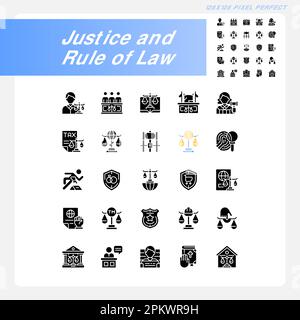 Giustizia e stato di diritto pixel perfetto glyph nero icone set su spazio bianco Illustrazione Vettoriale