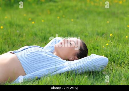 Casual donna che si rilassa sdraiata sull'erba in natura Foto Stock