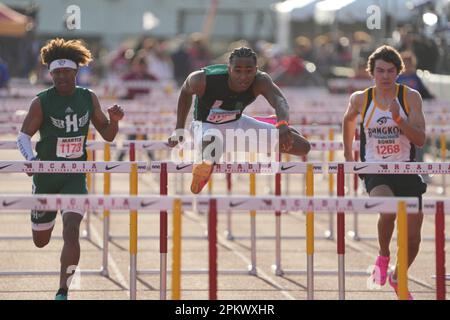 Davis Davis-Lyric di Upland vince i 110 m ostacoli nel 13,85 durante l'Arcadia Invitational High School Meeting, sabato 8 aprile 2023, ad Arcadia, calib. Foto Stock