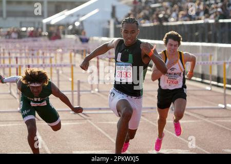 Davis Davis-Lyric di Upland vince i 110 m ostacoli nel 13,85 durante l'Arcadia Invitational High School Meeting, sabato 8 aprile 2023, ad Arcadia Foto Stock