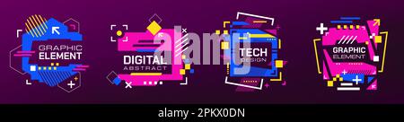 Banner geometrico futuristico. Frame UI astratti di glitch, elemento di design dell'interfaccia border cyberpunk, frame si-fi futuristici. Set vettoriale di cifre moderne Illustrazione Vettoriale