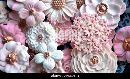 Primo piano dessert tailandese vari fiori a forma di tonalità rosa pastello, sapore di latte di cocco, Sam Pan Nee tradizionale spuntino tailandese artigianale, Royal Famous Foto Stock