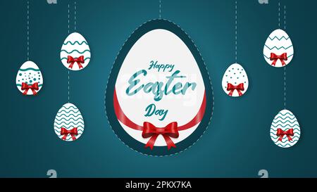 Celebrazione del giorno di Pasqua e pacchetto regalo di uova di Pasqua. Banner Web, poster e modello di disegno sfondo vettoriale per blu cielo. Illustrazione Vettoriale