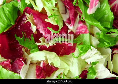 Insalata fresca mista campo verde accoccolato chiosetta vista dall'alto. Varie foglie di verdure carta da parati. Insalata sana e succosa con frisee, radicchio, foglie di bietola Foto Stock